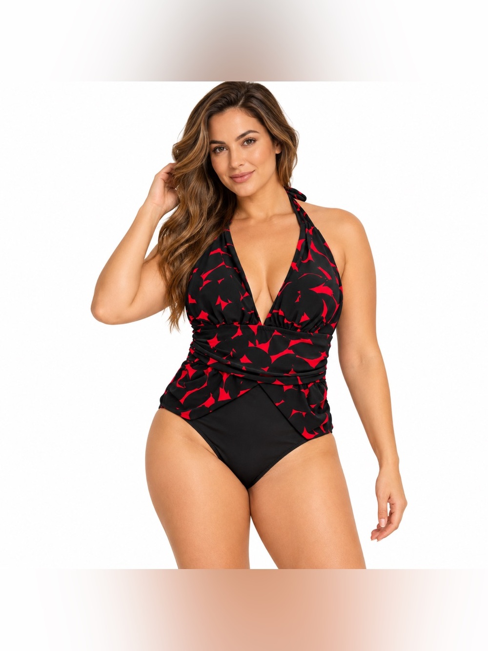 Magicsuit Black & Red Abstract Print Halter One-Piece Swimsuit Ruched Wrap Waist